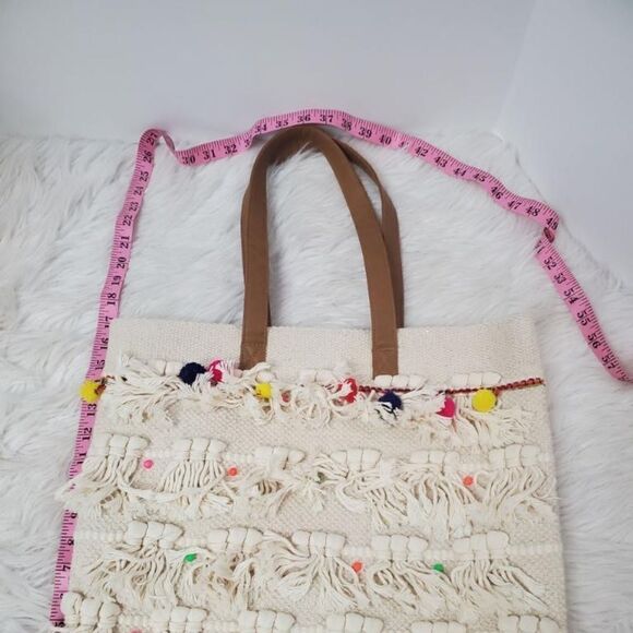 Sonoma Women’s Large Canvas Tote Purse Cream Multi-Color Pom Pom - Picture 8 of 9